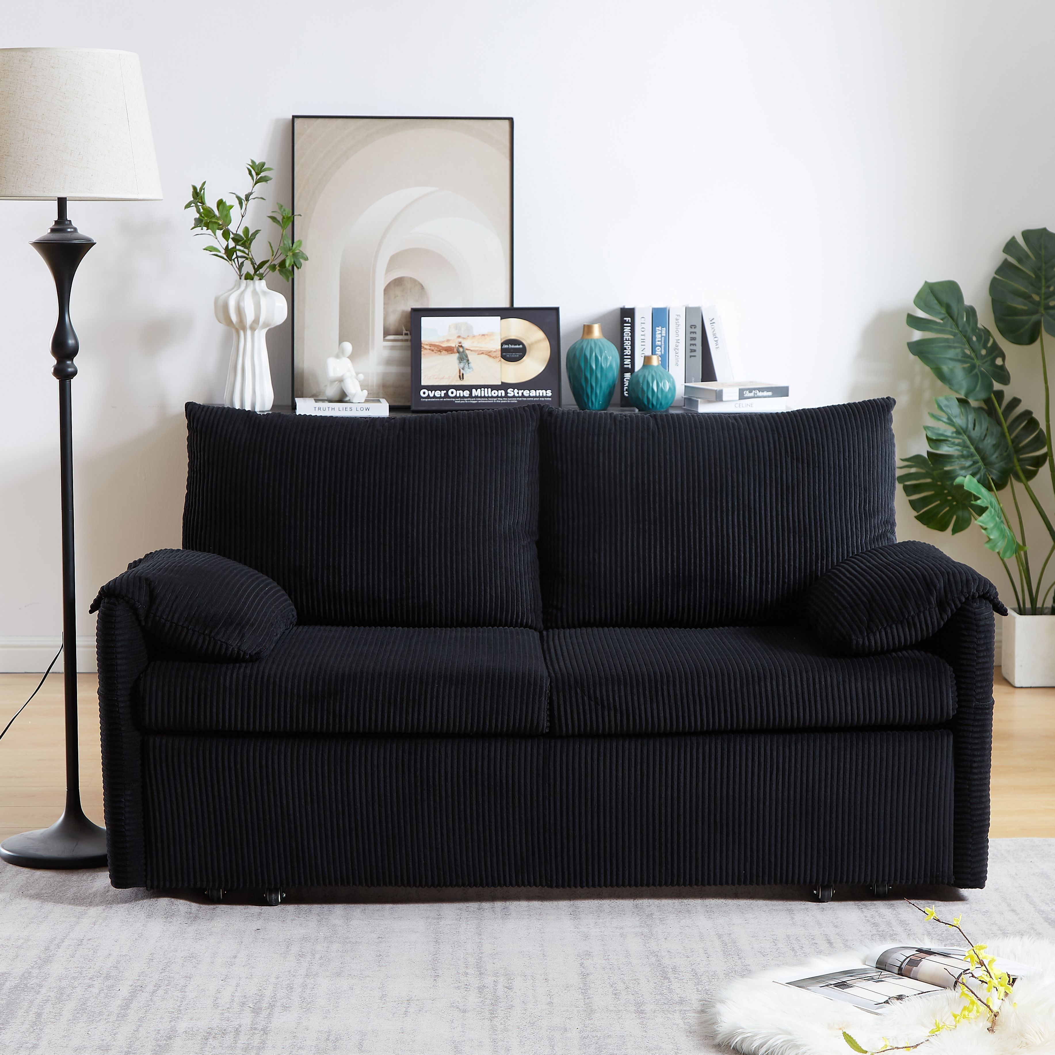 MH'' 64.5 Inch Sleeper Sofa Bed 3 in 1 Adjustable Sleeper with Pullout Bed 2 Pillows and Side Pockets Soft Corduroy Convertible Sleeper Sofa Bed for L