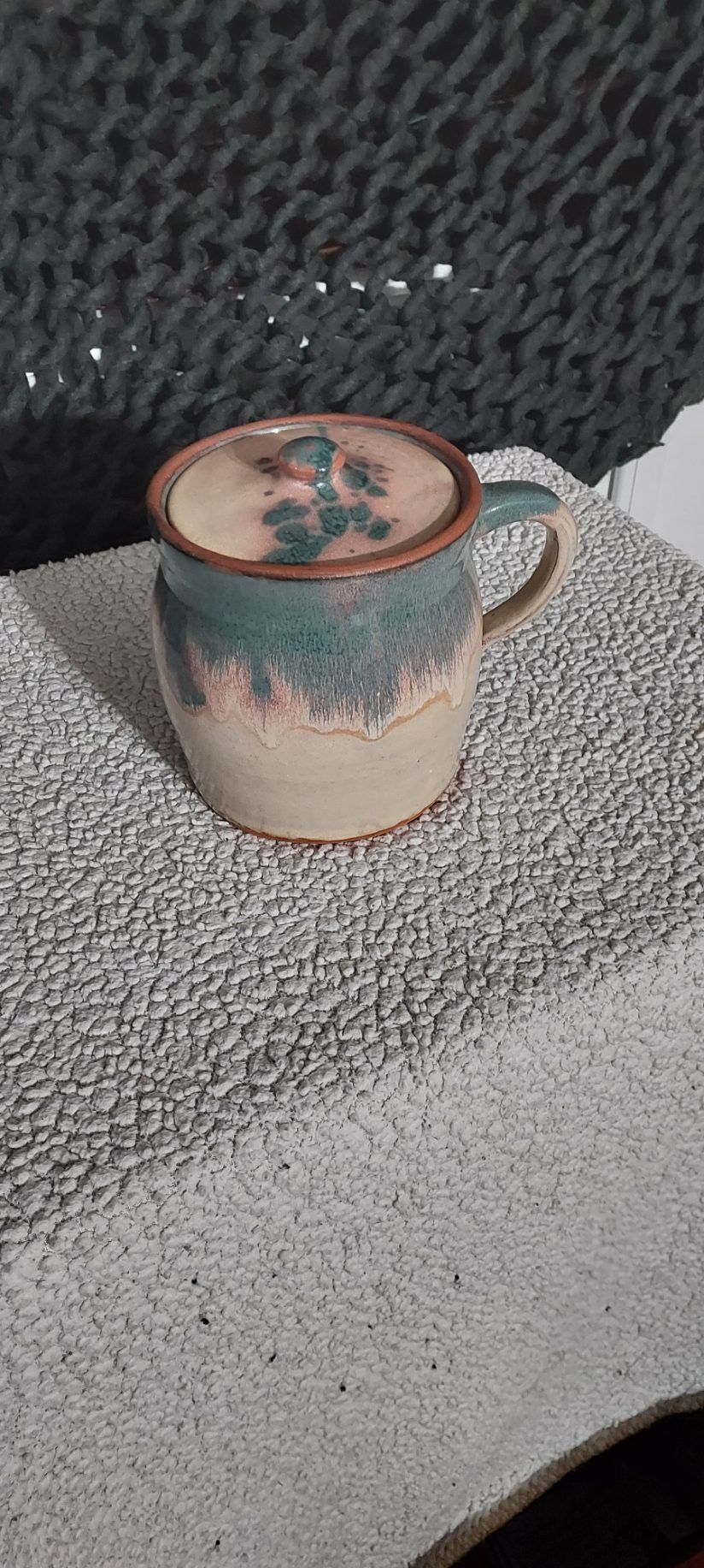 Browns Pottery Beige And Blue Drip Jar With Lid