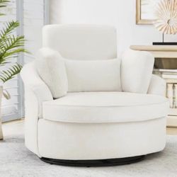 Cyris Oversized White Chenille Upholstered Swivel Accent Chair with 3 Removable Pillows Barrel Chair