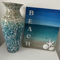 Hand Painted Coastal Art by Jessie Mae $20 each. Beach one 16”L x 13”W and the other one 22”L x 14”W.  New Mosaic Vase 16”L x 9”Dia  $35. Pick up in P