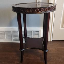 Side Display Table Round Carved Cherry Wood Inlay