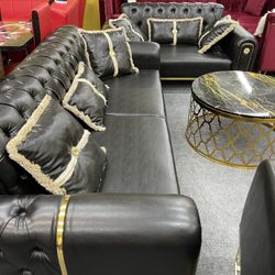 New Black Leather Living Room Sofa Set 3pc - Delivery And Financing Available 