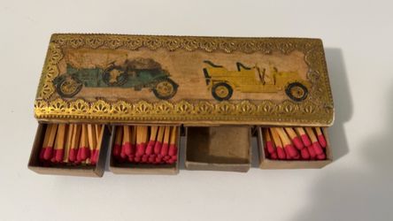 Vintage Wooden Multi-Drawer Matchbox Holder Caddy – Gold Foil Trim Antique Car Graphic Tobacciana