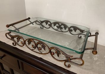 Elegant Glass Serving Bowl/Platter with Bronze Finish Metal Stand, Glass 1/2” Thick