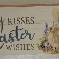 Brand new Bunny Kisses and Easter Wishes 16” x 6” x 2” wooden tabletop or wall plaque decoration