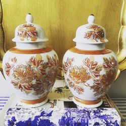 Vintage 1960s Orange and White 9” H Lidded Ginger Jars (Made in Japan) – Pair