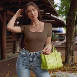 $10 Large OQQ Women's 2 Piece Bodysuits Sexy Ribbed One Piece Square Neck Short Sleeve Bodysuits