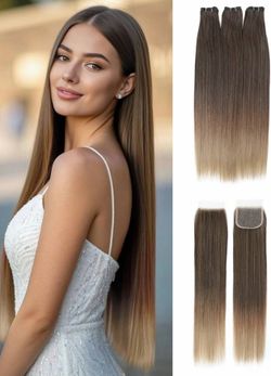 Synthetic Bundles with Closure, Long Straight Quick Weave Hair Bundles, Heat Resistant Hair Extensions Sew in for Women (450g,Mix Brown to Blonde)