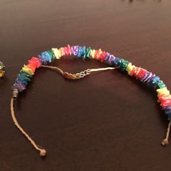 Rainbow Dyed Puka Shell Beaded Necklace Screw Clasp, Rainbow Anklet And Ring