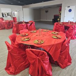 Satin Tablecloths,  Red Satin Napkins, Red Satin Chair Covers