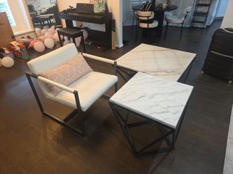Modern Faux Leather Accent Chair & Marble Top Tables Set (3-Piece)