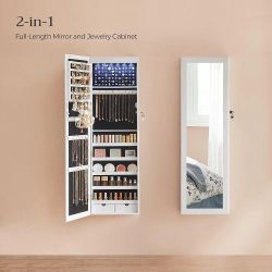 Mirror Jewelry Cabinet, 47.2-Inch Tall Lockable Wall or Door Mounted Jewelry Armoire
