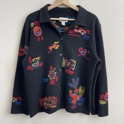 CHICOS Vintage Black Multicolor Wool Embroidered Aztec Animals Button Up Jacket