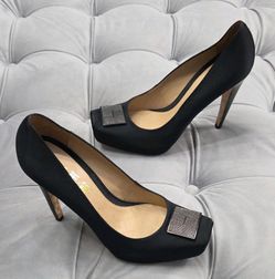 L.A.M.B. Prim Rose Black Silk Fabric Logo Stilettos Heels Womens Shoes 10 $345