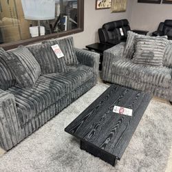 CHARCOAL GRAY SUPER SOFT CORDUROY SOFA AND LOVESEAT COUCH SET 