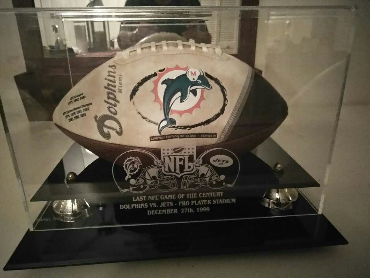 Last NFC game of the century Miami V's jet's limited edition football in mirrored display case