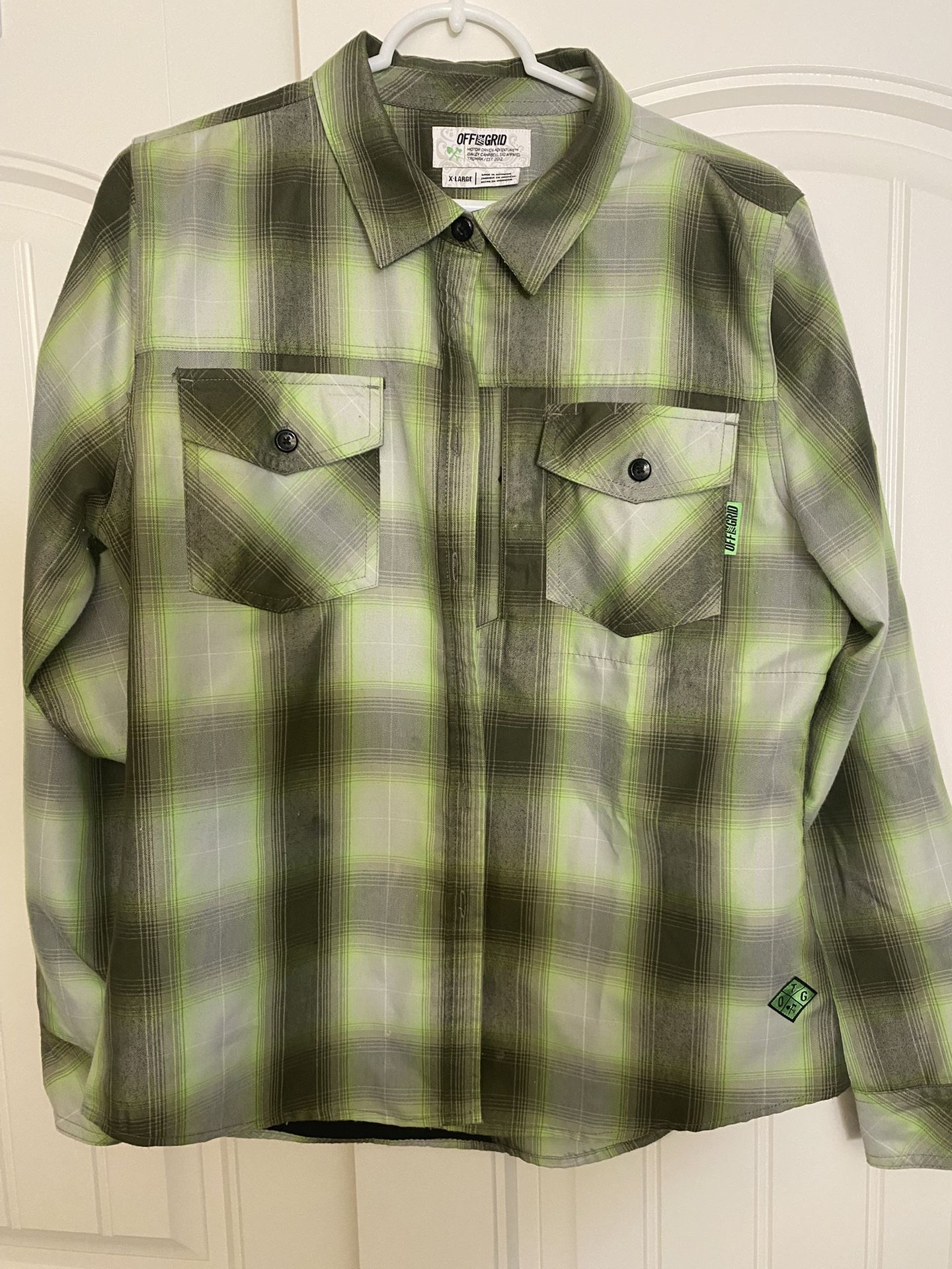 Off The Grid Womens XL Green Gray Plaid Bailey Flannel Long Sleeve Button Down Shirt Concealed Carry