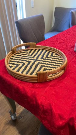 Handwoven food, and drink tray / rustic bamboo around  boho Christmas gift good condition new