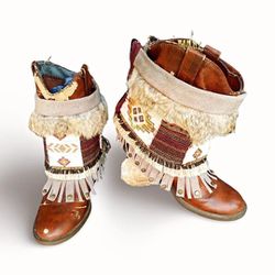 Tribal Style Genuine Rabbit Fur Boot Covers With Fringe