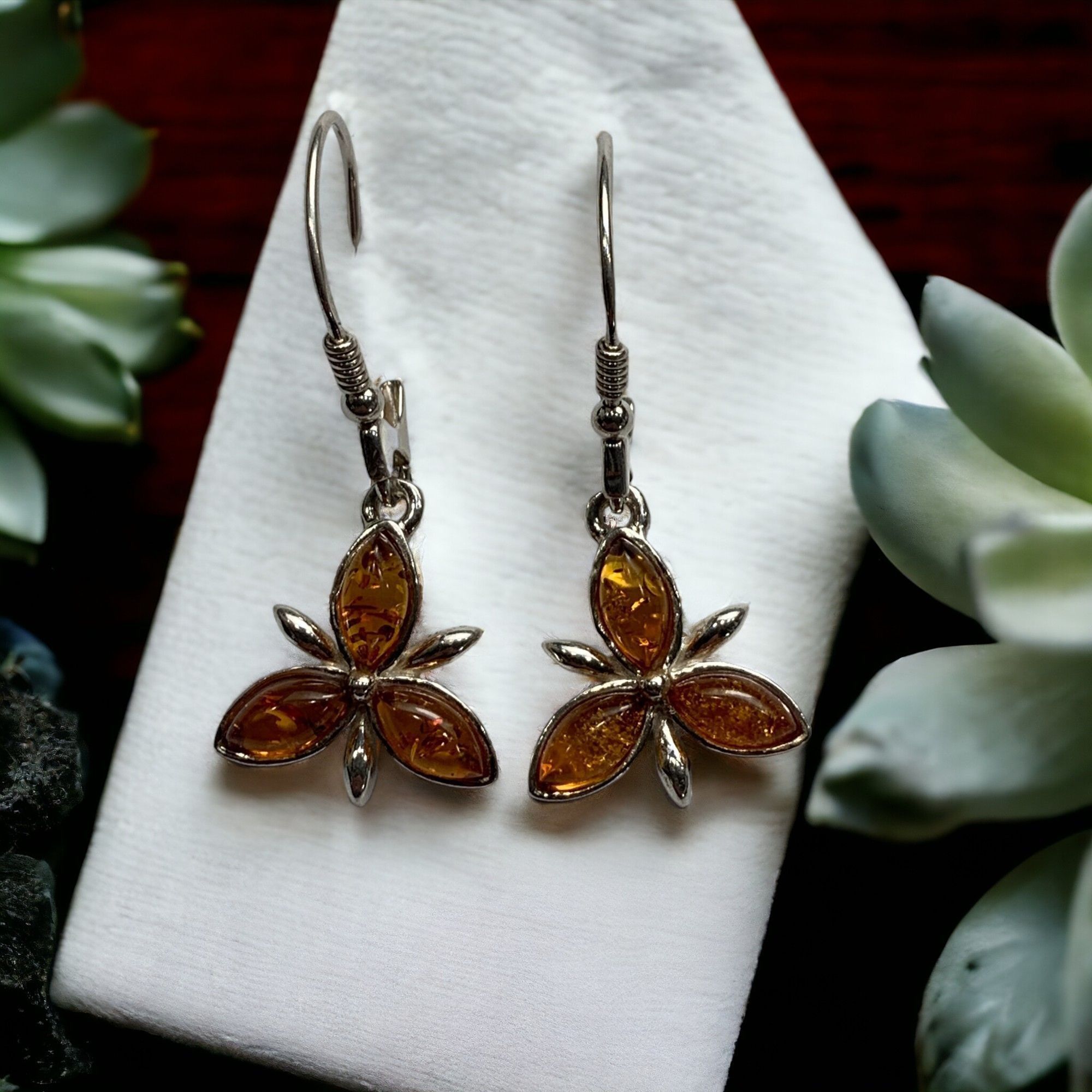 Sterling Silver 925 Gorgeous Tri-Stone Silver and Baltic Amber Cognac Earrings