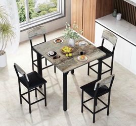 5-Piece Dining Table Set, Dining Table Set for 4, Counter Height Table & 4 Bar Stools, Modern Kitchen Dining Set, with Upholstered Chairs,