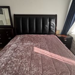 King Size Bed Set – Includes Leather Headboard, Mattress, Box Spring, Nightstand & Dresser with Mirror - $1500 OBO