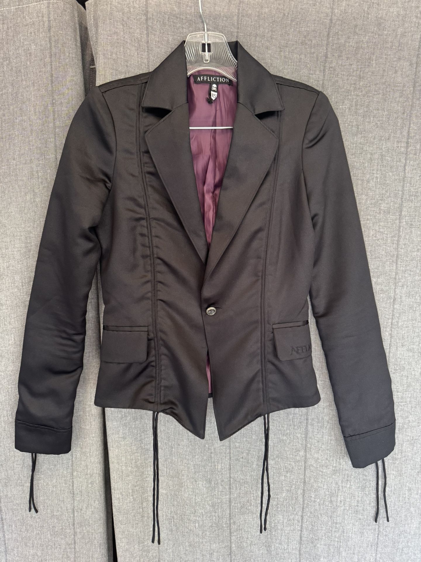Affliction women blazer /jacket, Size XS fit 2-4, Color black / purple inside