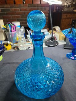 VINTAGE Mid-Century Modern Italian Empoli Blue "Diamond Point" Glass Decanter