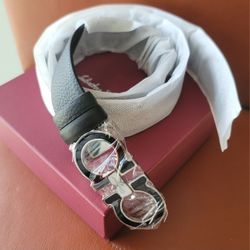 Ferragamo Salvatore Men's Black Leather Belt/ Black And Silver Buckle 
