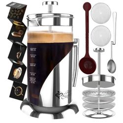 French Press Coffee Maker - BEST Presses Makers - 34 Oz, 8 Cup - The Only Encapsulated Lid Stainless Steel 304 NOT Plastic - 4 Level Filtration System