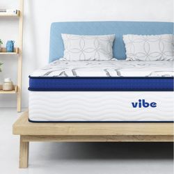 NEW - Vibe Quilted QUEEN Hybrid Mattress, 12-Inch Innerspring and Pillow Top Gel Memory Foam Mattress, Fiberglass Free, CertiPUR-US Certified Bed in a