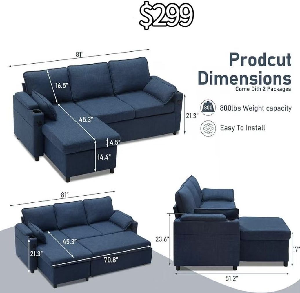 😀 Sofa Bed Sleeper Pull Out 2 in 1 Sectional Sleeper Sofa Couches with Storage,USB, Cup Holder,Pullout Sectional Couches for Apartment Living Room
