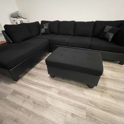 Brand New L Shape Black Sectional Sofa With Cushions - Ottoman | Pay After Delivery 🚚