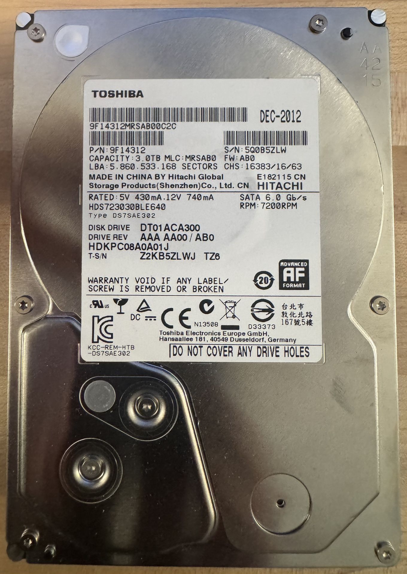 Toshiba HDS723030BLE640 - 3TB 7.2K RPM 64MB Cache 6G SATA 3.5" Hard Drive