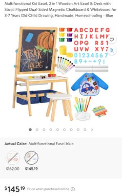 Multifunctional Kid Easel, 2 in 1 Wooden Art Easel & Desk with Stool, Flipped Dual-Sided Magnetic Chalkboard & Whiteboard