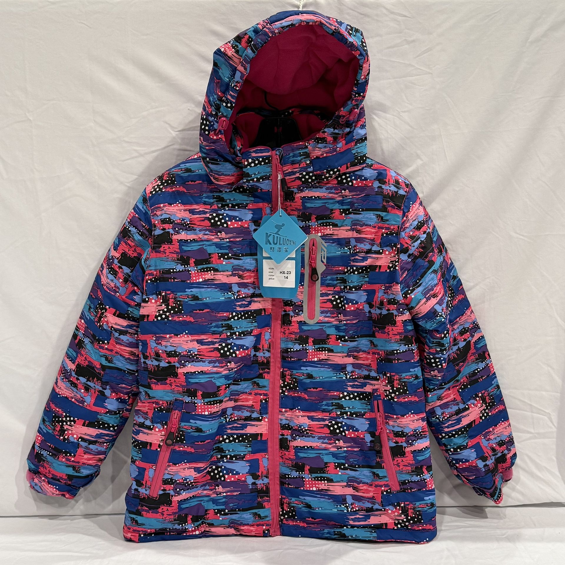 KULUOXING Snow Jacket for Children, Girls, Hooded Jacket, Waterproof - Pink, Size 14 (NEW)