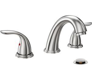 (BRAND New in Box) Phiestina 8 Inch 2 Handles 3 Holes Deck Mount Brushed Nickel Widespread Bathroom Faucet, with Pop Up Drain, WF008-5-BN /A8-PF-5855