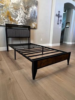 Metal and Wood Framed Twin XL Gray Upholstered Platform Bed with Storage Headboard