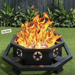 45 Inch Fire Pit for Outside Wood Burning, Outdoor Octagonal Fire Pit with Poker, Large Firepit for Camping, Backyard, Patio, Black