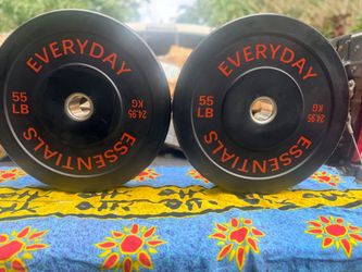 PAIR  OF  NEW  55  LB.    OLYMPIC  BUMPER  PLATES    •  I ALSO HAVE :  45lb.  35lb.   BUMPER PLATES  • RUBBER  & STEEL DUMBBELLS •  SQUAT RACKS •  FLA