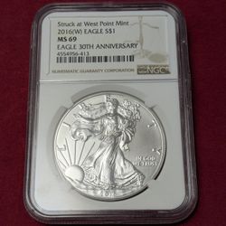 2016 (W) American Silver Eagle  🦅1oz. silver .999 NGC MS69 30th Anniversary 