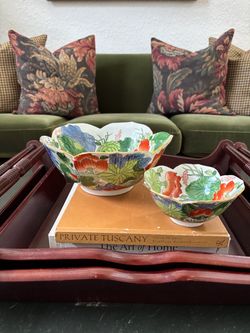 Vintage Chinoiserie Lotus Leaf Hand Painted Porcelain Bowl Set of 2 Hong Kong