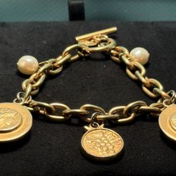 Vintage St. John Heavy Gold Plated Ancient Coin Charm Bracelet with Pearls