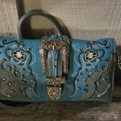 Womens Clutch Wallet Crossbody Turquoise Western Bling Buckle 7"