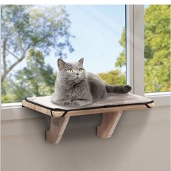 PETSFIT Cat Window Perch, Natural Solid Wood Cat Hammock with Removable Fleece Mat, Easy to Assemble Window Perch for Large Cats, Fits Windowsill, Bed