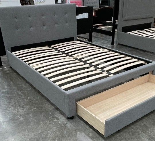 Queen Size Organic Grey Bed With Drawer W Ortho Mattress Colchon