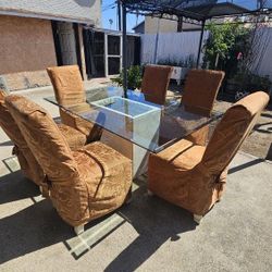 PostModer  Sculpted Dining Glass Table And 6 Dining Chairs