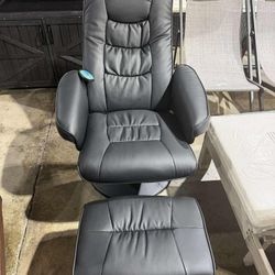 Ergonomic Recliner Chair with Ottoman, Modern 360° Swivel Lounge Chair with Footstool, PU Leather, 5 Point Vibration Massage, Seat Heating & 140° Adju