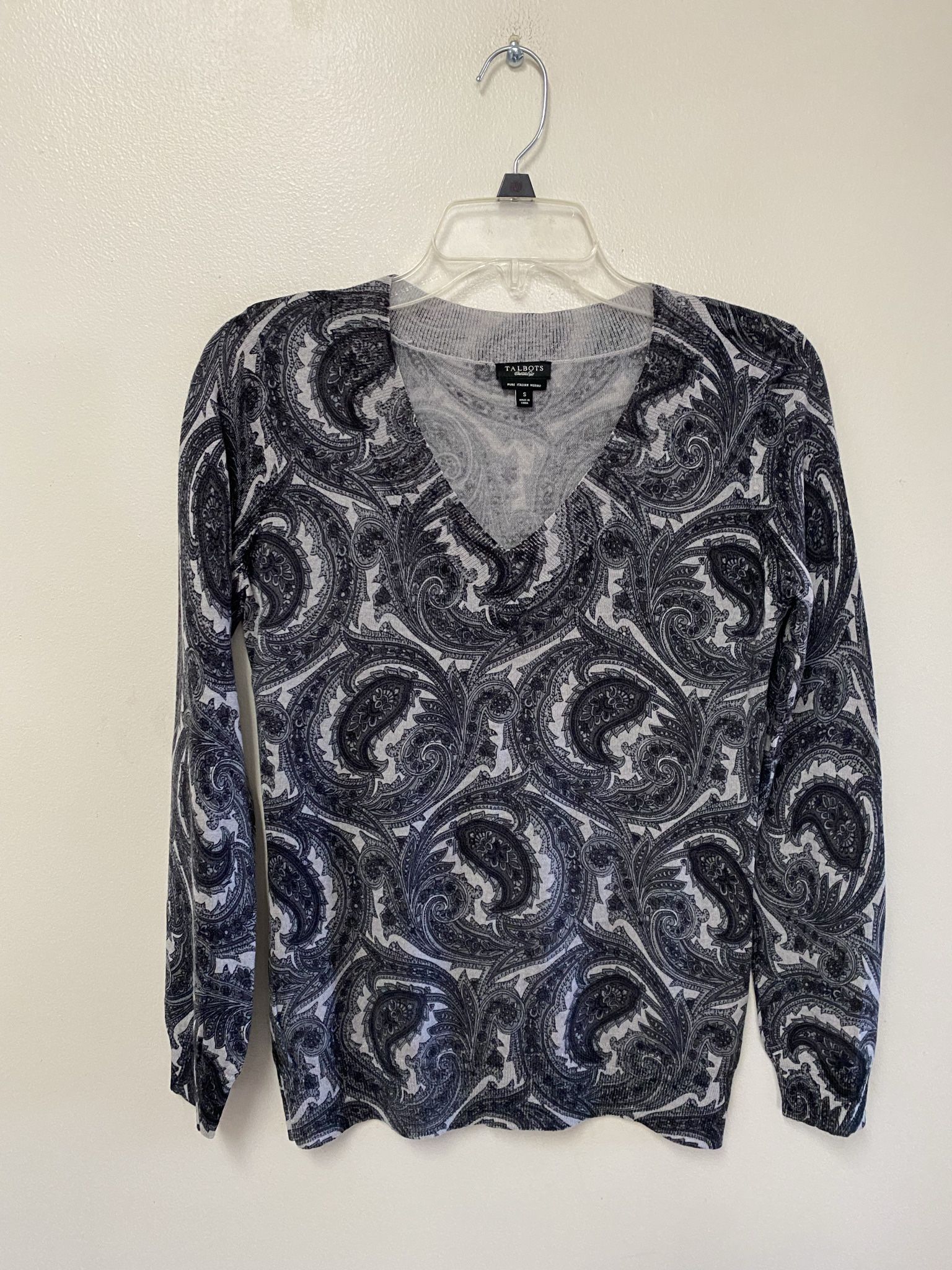 Women’s TALBOTS Pure Italian Merino Wool,Paisley Print V-Neck 3/4 Sleeve pullover Stretch Top… Size Small