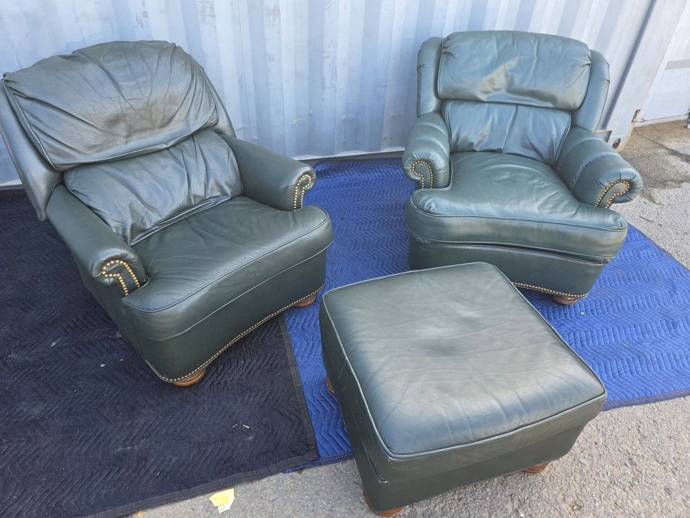 Pair of Vintage Green Leather Armchairs with Ottoman